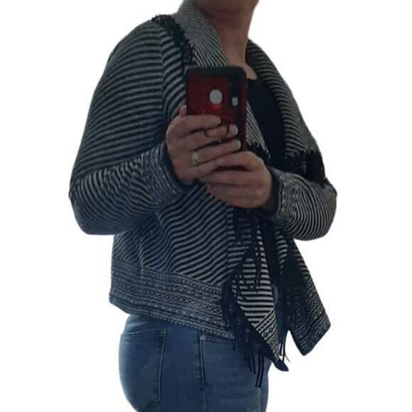 Chico's Multi Print Jacquard Cardigan Fringe Aztec Long Sleeve Size 1 Classic - Picture 11 of 13